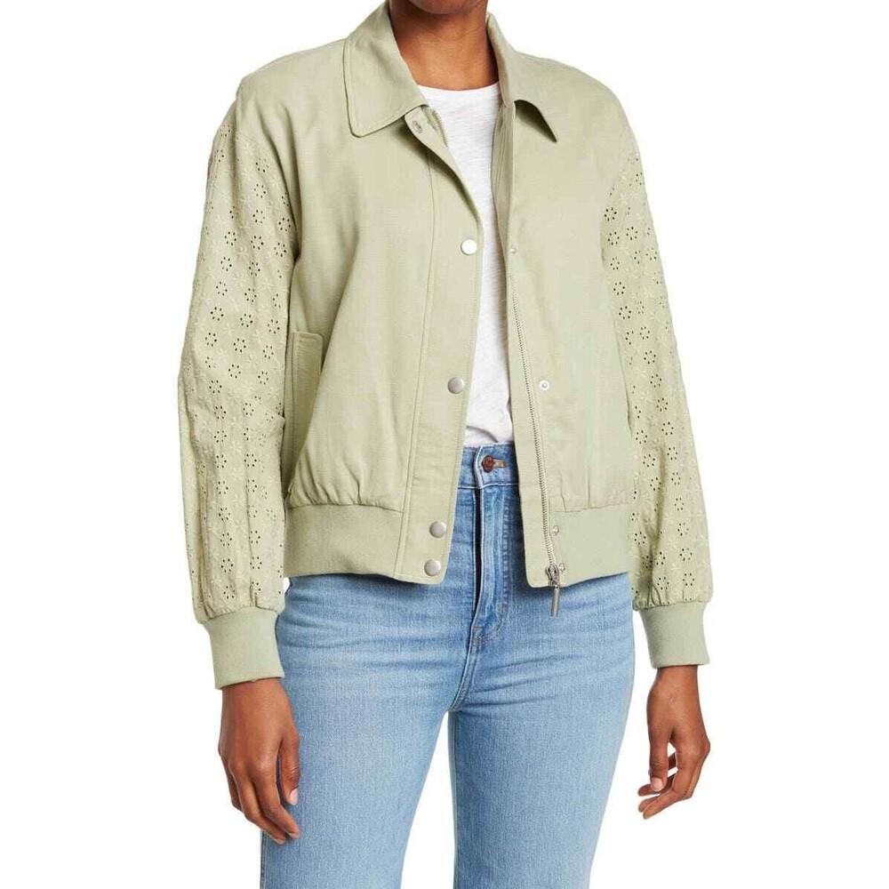 New 7 for All Mankind Embroidered Eyelet Sleeve Bomber Jacket Green Size Small